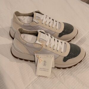 Brunello Cucinelli Cream & White Sneakers in fabric & calf leather